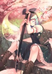 Rule 34 | 1girl, bad id, bad twitter id, boots, brown footwear, buttons, cherry blossoms, closed eyes, cross-laced footwear, flower, green skirt, hair ribbon, highres, konpaku youmu, konpaku youmu (ghost), lace-up boots, outdoors, puffy short sleeves, puffy sleeves, ribbon, sheath, sheathed, short hair, short sleeves, silver hair, sitting, skirt, skirt set, sleeping, solo, stairs, surumeri (baneiro), sword, touhou, vest, weapon