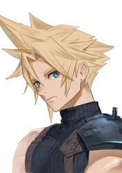 Rule 34 | 1boy, absurdres, armor, blonde hair, blue earrings, blue eyes, blue sweater, closed mouth, cloud strife, earrings, final fantasy, final fantasy vii, hamuteru102, highres, jewelry, looking at viewer, ribbed sweater, shoulder armor, single bare shoulder, single earring, sleeveless, sleeveless turtleneck, solo, spiked hair, stud earrings, suspenders, sweater, turtleneck, turtleneck sweater, upper body, white background