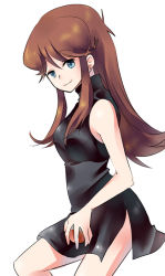 Rule 34 | 1girl, armpits, arms at sides, bare shoulders, black dress, blue eyes, breasts, brown hair, clenched hand, creatures (company), dress, eyelashes, female focus, from side, game freak, green (pokemon), half-closed eyes, holding, holding poke ball, legs, long hair, looking at viewer, medium breasts, neck, nintendo, no gloves, poke ball, pokemon, pokemon adventures, shiny clothes, shiny skin, short dress, side slit, sidelocks, simple background, sleeveless, sleeveless dress, sleeveless turtleneck, smile, standing, tachiuo (arines), thighs, turning head, turtleneck, turtleneck dress, white background