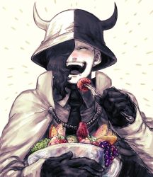 Rule 34 | 1boy, asymmetrical hair, blush, bowl, cape, closed eyes, collared cape, dripping, drooling, facing viewer, fake horns, food, fork, fruit, fruit bowl, gloves, grapes, hair over one eye, hand up, happy, hat, high collar, highres, holding, holding fork, horned headwear, horns, long sleeves, male focus, medium hair, multicolored hair, necktie, nose blush, one piece, open mouth, orange (fruit), page one (one piece), shirt, shiso i4, smile, solo, strawberry, two-tone hair, upper body
