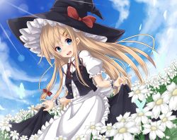 Rule 34 | 1girl, black hat, blonde hair, blue eyes, blush, bow, bug, butterfly, cloud, day, field, flower, flower field, hair bow, hair ornament, hairclip, hat, highres, insect, kirisame marisa, long hair, looking at viewer, meadow, mekarugaru, open mouth, outdoors, red bow, red ribbon, ribbon, round teeth, skirt hold, sky, smile, solo, star (symbol), star hair ornament, teeth, touhou, witch hat, wrist cuffs