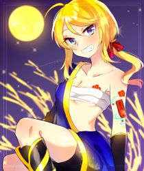 Rule 34 | 1girl, ame (module), asymmetrical clothes, bare shoulders, blonde hair, blue eyes, blush, breast tattoo, breasts, cleavage, flower tattoo, full moon, grin, hair ribbon, head tilt, kagamine rin, kawahara chisato, knees up, light particles, looking at viewer, moon, night, night sky, open clothes, ponytail, project diva (series), ribbon, sarashi, shoulder tattoo, sidelocks, sitting, sky, small breasts, smile, solo, tattoo, vocaloid