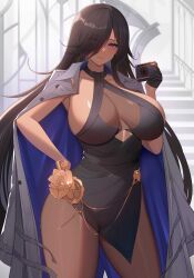Rule 34 | 1girl, absurdres, black dress, black gloves, blush, breasts, brown hair, brown pantyhose, camera, cleavage, cleavage cutout, clothing cutout, coat, contrapposto, cowboy shot, curvy, dark-skinned female, dark skin, dress, eyes visible through hair, gloves, hair over one eye, halter dress, halterneck, hand on own hip, heterochromia, highres, holding, holding camera, huge breasts, indoors, jacket, jacket on shoulders, jewelry, long hair, looking at viewer, looking away, looking to the side, mole, mole under mouth, open clothes, open coat, original, pantyhose, purple eyes, red eyes, see-through, shiny skin, side slit, sideboob, sleeveless, sleeveless dress, solo, stairs, ultra-13, very long hair, white coat, zara moussa