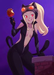 Rule 34 | 1girl, absurdres, animal ears, blonde hair, blush, bodysuit, breasts, brick, candy apple, cat ears, cat tail, centaurhillzone, center opening, chimney, cleavage, dark-skinned female, dark skin, fang, female focus, food, goggles, gravity daze, hat, high collar, highres, kitten (gravity daze), long hair, navel, ponytail, purple background, red eyes, smile, solo, tail, thick thighs, thighs, wide hips
