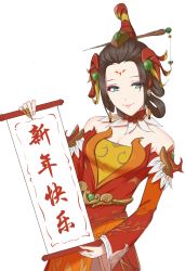 Rule 34 | 1girl, alternate hair color, alternate hairstyle, aqua eyes, armor, blurry, blurry background, breasts, brown hair, chinese text, choker, cleavage, dress, earrings, facial mark, forehead mark, hair ornament, hair stick, headdress, highres, holding, holding scroll, jewelry, light smile, long sleeves, looking at viewer, medium breasts, mercy (overwatch), no wings, overwatch, overwatch 1, qingchen (694757286), red dress, scroll, short hair, simple background, sketch, solo, translated, upper body, white background, zhuque mercy