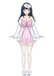 Rule 34 | @ @, absurdres, amano nene (vtuber), amano nene (vtuber) (pajama), arms at sides, black hair, bloomers, blue eyes, breasts, character mask, character sheet, cleavage, cloudtomo (amano nene), front slit, full body, garter straps, glasses, highres, jacket, lace, lace-trimmed legwear, lace-trimmed thighhighs, lace trim, large breasts, long hair, mask, mask on head, messy hair, multiple views, nail art, nightgown, nokoyama, off shoulder, official alternate costume, official alternate hairstyle, official art, open clothes, open jacket, pink bloomers, pink nightgown, production kawaii, sandals, second-party source, see-through, see-through thighhighs, sidelocks, simple background, skindentation, sleep mask, straight-on, tachi-e, thick thighs, thighhighs, thighs, turnaround, underwear, virtual youtuber, white background, white garter straps, white jacket, white thighhighs, yayoi maka