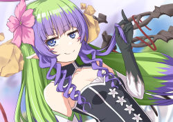 Rule 34 | 1girl, ameth (princess connect!), bare shoulders, blue eyes, blush stickers, breasts, c:, detached collar, elbow gloves, elf, gloves, green hair, long hair, looking at viewer, multicolored hair, pointy ears, princess connect!, purple hair, sidelocks, skirt, small breasts, smile, smug, umarutsufuri