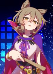 Rule 34 | 1girl, bracelet, breasts, cape, cowboy shot, e sdss, earmuffs, hair between eyes, highres, jewelry, medium breasts, parted lips, pointy hair, purple cape, shirt, short hair, solo, touhou, toyosatomimi no miko, yellow eyes