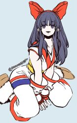 Rule 34 | 1girl, ainu clothes, arm support, artist name, boots, breasts, fingerless gloves, gloves, hair ribbon, highres, honne 69, kneeling, legs, long hair, looking at viewer, medium breasts, nakoruru, open mouth, pants, purple eyes, purple hair, ribbon, samurai spirits, smile, snk, the king of fighters, the king of fighters xv, thighs