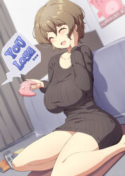 Rule 34 | absurdres, bare legs, bed, beer can, black sweater, blush, breasts, brown hair, can, chips (food), closed eyes, collarbone, commentary request, controller, curtains, drink can, food, game controller, hair between eyes, highres, holding, holding controller, holding game controller, indoors, large breasts, long sleeves, mole, mole under eye, on floor, open mouth, original, poster (object), potato chips, ribbed sweater, sakamata (sakamata4), sitting, smile, sweater, thighs, wariza