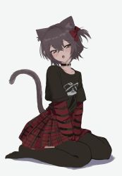 Rule 34 | 1girl, :o, absurdres, arms between legs, black choker, black shirt, black thighhighs, blush, bow, brown hair, cat girl, cat tail, choker, collarbone, crossed bangs, dot nose, fang, full body, grey eyes, hair between eyes, hair bow, head tilt, high-waist skirt, highres, kgt (pixiv12957613), layered shirt, long sleeves, looking at viewer, miniskirt, no shoes, open mouth, original, plaid, plaid skirt, pleated skirt, print shirt, red bow, red shirt, red skirt, shirt, short hair, short sleeves, sidelocks, simple background, sitting, skin fang, skirt, solo, striped clothes, striped shirt, tail, thighhighs, wariza, white background