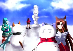 Rule 34 | 3girls, animal ear fluff, animal ears, aqua hair, black shirt, blue sky, blush, boots, bow, breasts, brown hair, cape, cloud, commentary request, day, dress, fins, green kimono, hair bow, hand on own head, hand on own hip, head fins, imaizumi kagerou, japanese clothes, kimono, layered dress, long hair, long sleeves, looking to the side, luna (luna3962), medium breasts, mermaid, monster girl, multiple girls, obi, outdoors, pedestal, plaid, plaid scarf, red cape, red eyes, red hair, red skirt, sash, scarf, sekibanki, shirt, short hair, short kimono, sitting, skirt, sky, smile, snow, snow sculpture, snowman, spit take, spitting, stool, swept bangs, touhou, very long hair, wakasagihime, wide shot, wolf ears