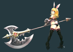 Rule 34 | 1girl, absurdres, animal ears, armor, ass, axe, blonde hair, blue eyes, boots, rabbit ears, detached sleeves, dicorndl, elin, from behind, gauntlets, highres, huge weapon, looking back, monster girl, no pants, panties, short hair, solo, symbol-shaped pupils, tail, tera online, thighhighs, underwear, warrior, weapon