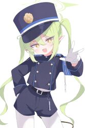 Rule 34 | 1girl, armband, belt, black belt, blue archive, blue armband, blue jacket, blue shorts, bright pupils, buttons, cowboy shot, cropped jacket, film grain, gloves, green hair, green halo, hair between eyes, halo, hand on own hip, hat, highlander twintails conductor (blue archive), highres, jacket, light blush, long hair, looking at viewer, open mouth, orange eyes, pantyhose, peaked cap, pointy ears, revision, rokukarashi, shirt, shirt tucked in, shorts, solo, twintails, very long hair, w, white background, white gloves, white pantyhose, white pupils, white shirt