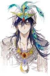 Rule 34 | 1boy, earrings, feather hair ornament, feathers, forehead jewel, hair ornament, hat ornament, highres, hoop earrings, jewelry, kuoyue480, long hair, looking down, magi the labyrinth of magic, male focus, necklace, peacock feathers, purple hair, robe, simple background, sinbad (magi), solo, turban, white background, white robe, yellow eyes