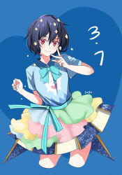 Rule 34 | 1girl, black hair, blue background, blue shirt, blush, bow, bowtie, closed mouth, collared shirt, commentary, cropped legs, da huang, dated, english commentary, frills, gathers, green bow, green bowtie, green ribbon, hair ornament, heart, heart background, layered skirt, leaning to the side, looking at viewer, mizuno ai, multicolored clothes, multicolored skirt, red eyes, ribbon, shirt, short hair, short sleeves, skirt, smile, solo, standing, striped bow, striped bowtie, striped clothes, striped neckwear, w, zombie land saga
