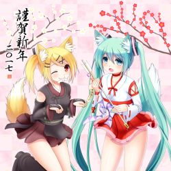 Rule 34 | 2017, 2girls, animal ears, blonde hair, bridal gauntlets, checkered background, detached sleeves, fox ears, fox tail, green eyes, green hair, green nails, hair ornament, hairclip, hatsune miku, kagamine rin, long hair, multiple girls, nail polish, nanatsuba, nengajou, new year, one eye closed, open mouth, project diva (series), red eyes, skirt, smile, tail, twintails, very long hair, vocaloid, yellow nails