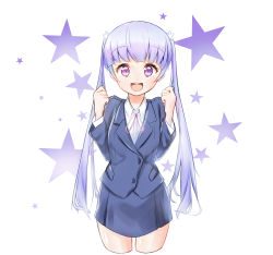 Rule 34 | 10s, 1girl, absurdres, bad id, bad pixiv id, business suit, dayongqi, formal, hair ornament, highres, long hair, looking at viewer, new game!, open mouth, purple eyes, purple hair, snowflake hair ornament, solo, star (symbol), suit, suzukaze aoba, twintails, white background