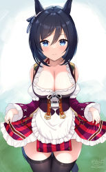 Rule 34 | 1girl, absurdres, animal ears, black hair, black thighhighs, blue eyes, blush, bob cut, bow, breasts, cleavage, clothes lift, detached sleeves, ear ornament, ear ribbon, eishin flash (umamusume), german clothes, highres, horse ears, horse girl, horse tail, large breasts, lifted by self, looking at viewer, ochinsama, short hair, skirt, smile, solo, striped clothes, striped skirt, tail, thighhighs, umamusume, vertical-striped clothes, vertical-striped skirt
