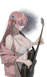 Rule 34 | 1girl, absurdres, bikini, bocchi the rock!, bra, breasts, cleavage, constricted pupils, covered erect nipples, cube hair ornament, from side, gotoh hitori, guitar, hair ornament, highres, hood, hoodie, horns, instrument, large breasts, large pectorals, long hair, mimyo, navel, one side up, open clothes, open hoodie, open mouth, panties, pectorals, pink hair, pink horns, see-through, shirt, simple background, smile, solo, swimsuit, thong bikini, toned, underwear, white shirt