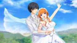 Rule 34 | 1boy, 1girl, :d, akino subaru, aoi hinata (gin&#039;iro haruka), arm up, black hair, blouse, blue eyes, blue sky, blurry, blurry background, bow, breasts, bridal veil, bride, brown eyes, cleavage, closed eyes, cloud, collarbone, collared shirt, day, dress, game cg, gin&#039;iro haruka, grey jacket, grey necktie, grey vest, hair over shoulder, hand on another&#039;s hip, holding hands, husband and wife, jacket, jewelry, large breasts, long hair, looking at another, necklace, necktie, niimi yukito, open clothes, open jacket, open mouth, orange hair, outdoors, outstretched arm, ring, shirt, short hair, sidelocks, sky, sleeveless, smile, sparkle, strapless, strapless dress, veil, vest, wedding dress, wedding ring, white bow, white dress, white shirt, wing collar