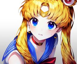 Rule 34 | 1girl, absurdres, bishoujo senshi sailor moon, blonde hair, blue eyes, blue sailor collar, breasts, choker, circlet, cleavage, clenched teeth, collarbone, crescent, crescent earrings, derivative work, earrings, eyelashes, gradient background, ha youn, hair over shoulder, heart, heart choker, highres, jewelry, korean commentary, long hair, meme, parted bangs, red choker, sailor collar, sailor moon, sailor moon redraw challenge (meme), screenshot redraw, simple background, solo, sweatdrop, teeth, tsukino usagi, twintails, white background