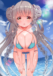 Rule 34 | 1girl, absurdres, ahoge, alternate costume, azur lane, bare shoulders, bikini, blue bikini, blue sky, braid, braided bun, breasts, cleavage, cloud, collarbone, day, double bun, eyelashes, fingernails, formidable (azur lane), formidable (the lady of the beach) (azur lane), gluteal fold, grey hair, hair bun, hair rings, hands on own thighs, hanging breasts, highres, horizon, large breasts, leaning forward, lens flare, long hair, looking at viewer, multi-strapped bikini bottom, multi-strapped bikini top, navel, ocean, outdoors, parted lips, piyopoyo, red eyes, single thighhigh, skindentation, sky, solo, standing, swimsuit, thighhighs, thighs, twin braids, twintails, very long hair, water, water drop, wet, wet clothes, wet swimsuit, white thighhighs
