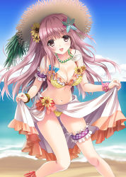 Rule 34 | 1girl, arm strap, armband, beach, bikini, breasts, brown eyes, cleavage, clothes lift, commentary request, day, flower, hair between eyes, hair flower, hair ornament, hat, jewelry, kimizuka aoi, long hair, looking at viewer, medium breasts, navel, necklace, ocean, open mouth, original, pink hair, sarong, sarong lift, solo, star (symbol), star hair ornament, straw hat, swimsuit, thigh strap, yellow bikini