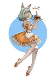 Rule 34 | 1girl, absurdres, animal ear fluff, animal ears, apron, armband, artist name, blue background, border, breasts, cake, candle, cat ears, commentary, dated, dress, english commentary, english text, fang, floating, flower, food, frilled apron, frilled armband, frilled dress, frills, from side, full body, gloves, grey hair, hairband, hands up, highres, holding, holding tray, kneehighs, looking at viewer, medium hair, mole, mole under mouth, open mouth, orange dress, orange footwear, original, outside border, p99 (1shtar), pink flower, pink hairband, pink ribbon, ribbon, round border, simple background, skin fang, small breasts, smile, socks, solo, speech bubble, tray, waist apron, white apron, white gloves, white socks, yellow eyes
