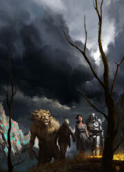 Rule 34 | 1girl, 3boys, absurdres, armor, artist logo, cloud, cloudy sky, cowardly lion, dated, dorothy gale, dress, highres, holding, holding sword, holding weapon, lion, lion tail, long hair, miguel iglesias, multiple boys, path, road, robot, scarecrow, scarecrow (twooz), sky, sword, tail, the wizard of oz, tin man, tree, weapon, yellow brick road