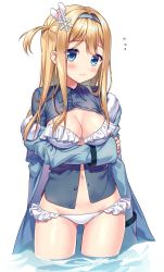 Rule 34 | 1girl, arm up, bikini, bikini under clothes, blonde hair, blue hairband, blue jacket, blue shirt, blush, breast hold, breasts, cleavage, closed mouth, collared shirt, commentary request, dress shirt, fingernails, flying sweatdrops, fur-trimmed jacket, fur trim, girls&#039; frontline, gluteal fold, hair ornament, hairband, head tilt, highres, jacket, kuroki (ma-na-tu), long hair, long sleeves, looking at viewer, medium breasts, navel, off shoulder, one side up, open clothes, open shirt, shirt, sleeves past wrists, snowflake hair ornament, solo, standing, suomi (girls&#039; frontline), swimsuit, very long hair, wading, water, white background, white bikini