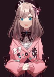 Rule 34 | 1girl, :3, bad id, bad twitter id, black background, black hat, blue eyes, bow, brooch, brown hair, cardigan, empty eyes, eyebrows hidden by hair, hair between eyes, hair bow, hat, highres, jewelry, long sleeves, looking at viewer, medium hair, misumi (macaroni), nijisanji, open mouth, own hands together, pink bow, pink cardigan, shaded face, shirt, sketch, skirt, solo, striped clothes, striped skirt, suzuhara lulu, suzuhara lulu (1st costume), upper body, vertical-striped clothes, vertical-striped skirt, virtual youtuber, white shirt