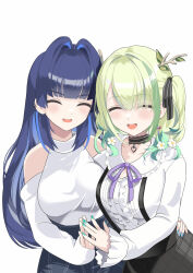 Rule 34 | 2girls, antlers, arm around waist, bare shoulders, blue hair, blunt bangs, branch, breasts, ceres fauna, ceres fauna (jirai kei), closed eyes, collar, collarbone, earrings, flower, glawsbsxpytn7j9, green hair, hair between eyes, hair flower, hair ornament, highres, hololive, hololive english, horns, jewelry, large breasts, leaf, long hair, long sleeves, medium hair, multiple girls, nail polish, open mouth, ouro kronii, ouro kronii (casual), rubbing hands together, skirt, smile, straight hair, twintails, virtual youtuber, wavy hair, white background