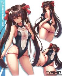 Rule 34 | 1girl, ass, breasts, brown hair, competition swimsuit, covered navel, girls&#039; frontline, girls&#039; frontline neural cloud, hair between eyes, hair ornament, hairclip, highleg, highleg swimsuit, highres, jiangyu (neural cloud), long hair, medium breasts, multiple views, one-piece swimsuit, red eyes, see-through swimsuit, smile, swimsuit, twintails, type 97 (girls&#039; frontline), v, very long hair, xlscaler