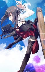 Rule 34 | 10s, 1girl, bike shorts, blush, bow (weapon), brown eyes, brown hair, cloud, crossbow, day, flat chest, flying, headband, headgear, highres, kantai collection, ooka (skavler), open mouth, personification, pleated skirt, short hair, skirt, sky, solo, taihou (kancolle), thighhighs, weapon