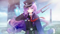 Rule 34 | 1girl, :o, belt, black belt, black hat, black jacket, blurry, blurry background, cape, collared shirt, commentary request, day, depth of field, deyui, gochuumon wa usagi desu ka?, gun, hair between eyes, hand up, hat, highres, jacket, long hair, looking at viewer, mouth hold, outdoors, parted lips, peaked cap, purple cape, purple eyes, purple hair, red neckwear, shirt, solo, tedeza rize, twintails, v-shaped eyebrows, very long hair, wallpaper, weapon, weapon on back, white shirt