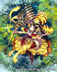 Rule 34 | 10s, 1girl, boots, bracelet, brown hair, cardfight!! vanguard, company name, flower, flower chamber maiden salianna, full body, green eyes, hair flower, hair ornament, hat, jewelry, leaf, long hair, midori foo, official art, petals, solo, staff, twintails