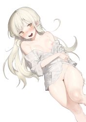 Rule 34 | 1girl, absurdres, blush, breasts, cameltoe, highres, long hair, naked shirt, nipple slip, nipples, nose blush, off shoulder, open mouth, original, platinum blonde hair, pussy, rubyaano (ducl323), shirt, simple background, small breasts, solo, transparent background, white background, white shirt, yellow eyes