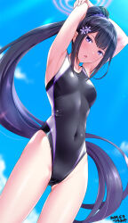 Rule 34 | 1girl, arms behind head, blue archive, blue sky, breasts, character request, competition swimsuit, dated, day, gluteal fold, halo, highres, long hair, looking at viewer, one-piece swimsuit, purple eyes, purple hair, purple halo, signature, sky, small breasts, solo, sumire (blue archive), swimsuit, tsuchimiya, very long hair