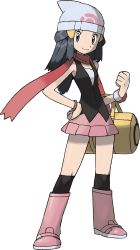 Rule 34 | 00s, 1girl, bag, beanie, black shirt, black socks, blouse, blue eyes, blue hair, boots, creatures (company), dawn (pokemon), duffel bag, full body, game freak, hand on own hip, hat, highres, knee boots, kneehighs, layered clothes, legs apart, long hair, matching hair/eyes, nintendo, official art, over-kneehighs, pink footwear, pokemon, pokemon dppt, red scarf, scarf, shirt, skirt, sleeveless, sleeveless shirt, socks, solo, standing, sugimori ken, thighhighs, thighs, transparent background, white hat