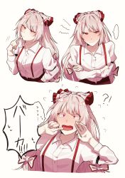 Rule 34 | !?, ..., 1girl, absurdres, blouse, blush, breasts, collared shirt, commentary request, cropped torso, embarrassed, fujiwara no mokou, hands up, highres, long hair, long sleeves, multiple girls, open mouth, red eyes, shirt, sleeve garter, small breasts, somei ooo, suspenders, sweatdrop, swept bangs, tears, touhou, translated, upper body, white background, white hair, white shirt