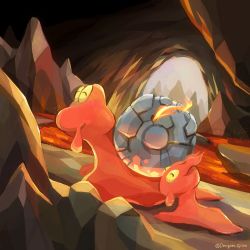 Rule 34 | artist name, cave interior, closed eyes, closed mouth, commentary request, creatures (company), designer ojisan, evolutionary line, fire, from side, game freak, gen 2 pokemon, highres, magcargo, lava, nintendo, no humans, pokemon, pokemon (creature), rock, slugma, smile, watermark
