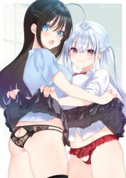 Rule 34 | 2girls, ahoge, ass, black hair, black panties, black skirt, blue eyes, blue shirt, blush, breasts, butt crack, closed mouth, clothes lift, commentary request, hair ornament, hairclip, koruri, large breasts, lifting another&#039;s clothes, long hair, multiple girls, open mouth, original, panties, pink eyes, pleated skirt, red panties, shirt, skirt, skirt lift, underwear, white hair, white shirt