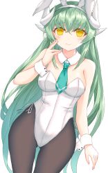 Rule 34 | 1girl, absurdres, animal ears, bare shoulders, black pantyhose, blush, breasts, cleavage, closed mouth, dragon horns, fake animal ears, fate/grand order, fate (series), green hair, green necktie, highres, horns, kiyohime (fate), leotard, long hair, looking at viewer, medium breasts, morizono shiki, necktie, pantyhose, playboy bunny, rabbit ears, simple background, smile, solo, very long hair, white background, white horns, yellow eyes