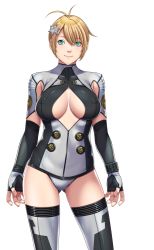 Rule 34 | 1girl, antenna hair, aqua eyes, blonde hair, breasts, celicia lockhart, cleavage cutout, closed game, clothing cutout, covered erect nipples, cowboy shot, female focus, fingerless gloves, gloves, large breasts, looking at viewer, sei shoujo, short hair, simple background, smile, solo, thighhighs, transparent background
