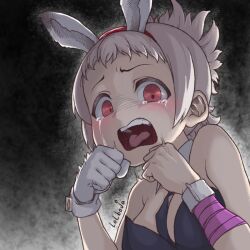 Rule 34 | 1girl, animal ears, artist name, bandaged arm, bandages, bare shoulders, battle bunny riven, black leotard, black necktie, detached collar, fake animal ears, gloves, gradient background, grey background, grey hair, hands up, league of legends, leotard, lolboja, necktie, playboy bunny, rabbit ears, riven (league of legends), scared, short hair, single glove, solo, tears, tongue, tongue out, white gloves