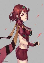 Rule 34 | 1girl, black gloves, breasts, chest jewel, earrings, female focus, fingerless gloves, gem, gloves, headpiece, jewelry, large breasts, looking at viewer, matching hair/eyes, nintendo, phrecklesart, pyra (xenoblade), red eyes, red hair, red shorts, red thighhighs, short hair, short shorts, shorts, simple background, solo, super smash bros., swept bangs, thighhighs, tiara, xenoblade chronicles (series), xenoblade chronicles 2