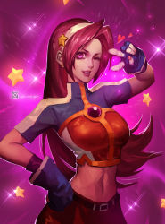 Rule 34 | 1girl, asamiya athena, fingerless gloves, fingernails, gloves, hair ornament, hairband, heart, highres, jewelry, long hair, navel, one eye closed, pink eyes, pink hair, skirt, smile, snk, solo, star (symbol), star hair ornament, the king of fighters, the king of fighters 2002, xiaoguimist