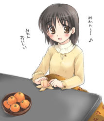 Rule 34 | 1girl, food, fruit, kotatsu, koyuki (2smj), koyuki (artist), mandarin orange, original, solo, table, translated