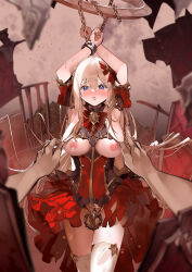 Rule 34 | 1girl, absurdres, ann (ann58533111), assisted exposure, azur lane, blonde hair, blue eyes, blush, bound, bound wrists, breast curtains, breasts, chain, cuffs, dress, fortune (azur lane), fortune (meta) (azur lane), highres, large breasts, long hair, nipples, open mouth, pov, red dress, shackles, solo focus, thighhighs, white thighhighs